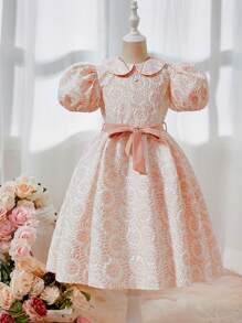 SHEIN 女童泡泡短袖紋理織物A字洋裝配彼得潘領