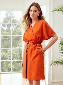 MOTF PREMIUM BELTED LINEN-BLEND DRESS