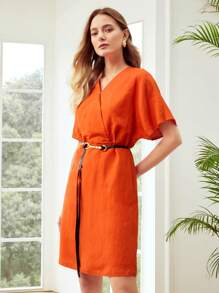 MOTF PREMIUM BELTED LINEN-BLEND DRESS