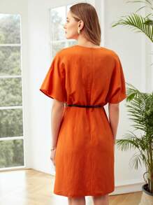 MOTF PREMIUM BELTED LINEN-BLEND DRESS