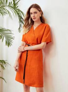 MOTF PREMIUM BELTED LINEN-BLEND DRESS
