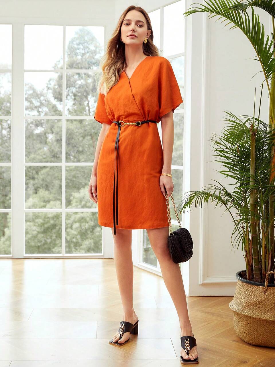 MOTF BELTED LINEN-BLEND DRESS
