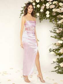 SHEIN Belle 蕾絲拼接高衩緞面吊帶裙伴娘禮服 - 淺粉色 - 查看 3