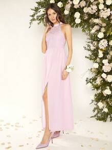 SHEIN Belle 1入組水溶蕾絲拼接高衩繞頸伴娘連衣裙 - 淺粉色 - 查看 3