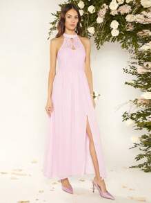 SHEIN Belle 1入組水溶蕾絲拼接高衩繞頸伴娘連衣裙 - 淺粉色 - 查看 7