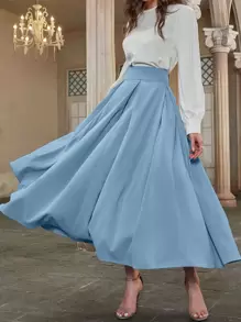 Modelyn High Waist Fold Pleated Skirt Maxi Women Outfit - Blue - View 1