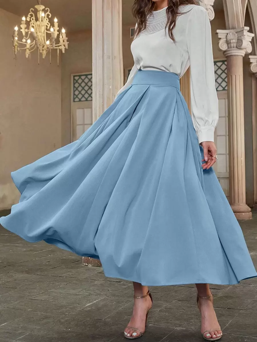 Modelyn High Waist Fold Pleated Skirt Maxi Women Outfit - Blue - View 1