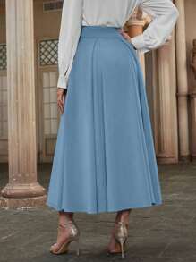 Modelyn High Waist Fold Pleated Skirt Maxi Women Outfit - Blue - View 2