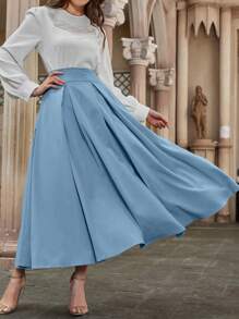 Modelyn High Waist Fold Pleated Skirt Maxi Women Outfit - Blue - View 3