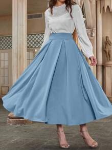 Modelyn High Waist Fold Pleated Skirt Maxi Women Outfit - Blue - View 4
