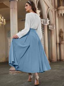 Modelyn High Waist Fold Pleated Skirt Maxi Women Outfit - Blue - View 5