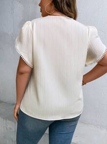 Calvaya Plus Contrast Guipure Lace Petal Sleeve Blouse - Apricot - View 2