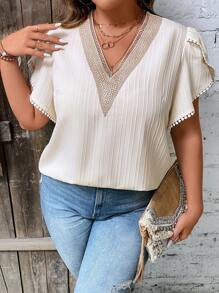 Calvaya Plus Contrast Guipure Lace Petal Sleeve Blouse - Apricot - View 4