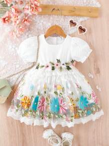 Baby Girl Floral Embroidery Appliques Puff Sleeve Contrast Mesh Dress