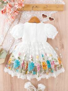 Baby Girl Floral Embroidery Appliques Puff Sleeve Contrast Mesh Dress