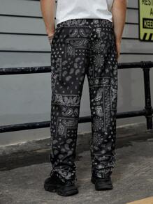 GENTILAND Hombres Pantalones con estampado de paisley y pañuelo con bolsillo oblicuo - Negro - Ver 2