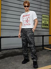 GENTILAND Hombres Pantalones con estampado de paisley y pañuelo con bolsillo oblicuo - Negro - Ver 3