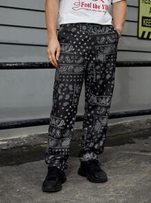 GENTILAND Hombres Pantalones con estampado de paisley y pañuelo con bolsillo oblicuo - Negro - Ver 4