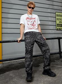 GENTILAND Hombres Pantalones con estampado de paisley y pañuelo con bolsillo oblicuo - Negro - Ver 5