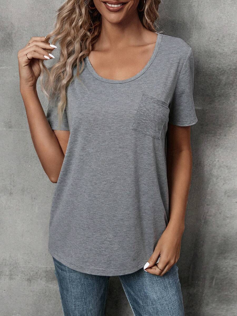 SHEIN Unity 素色口袋貼布T恤 - 灰色 - 查看 1