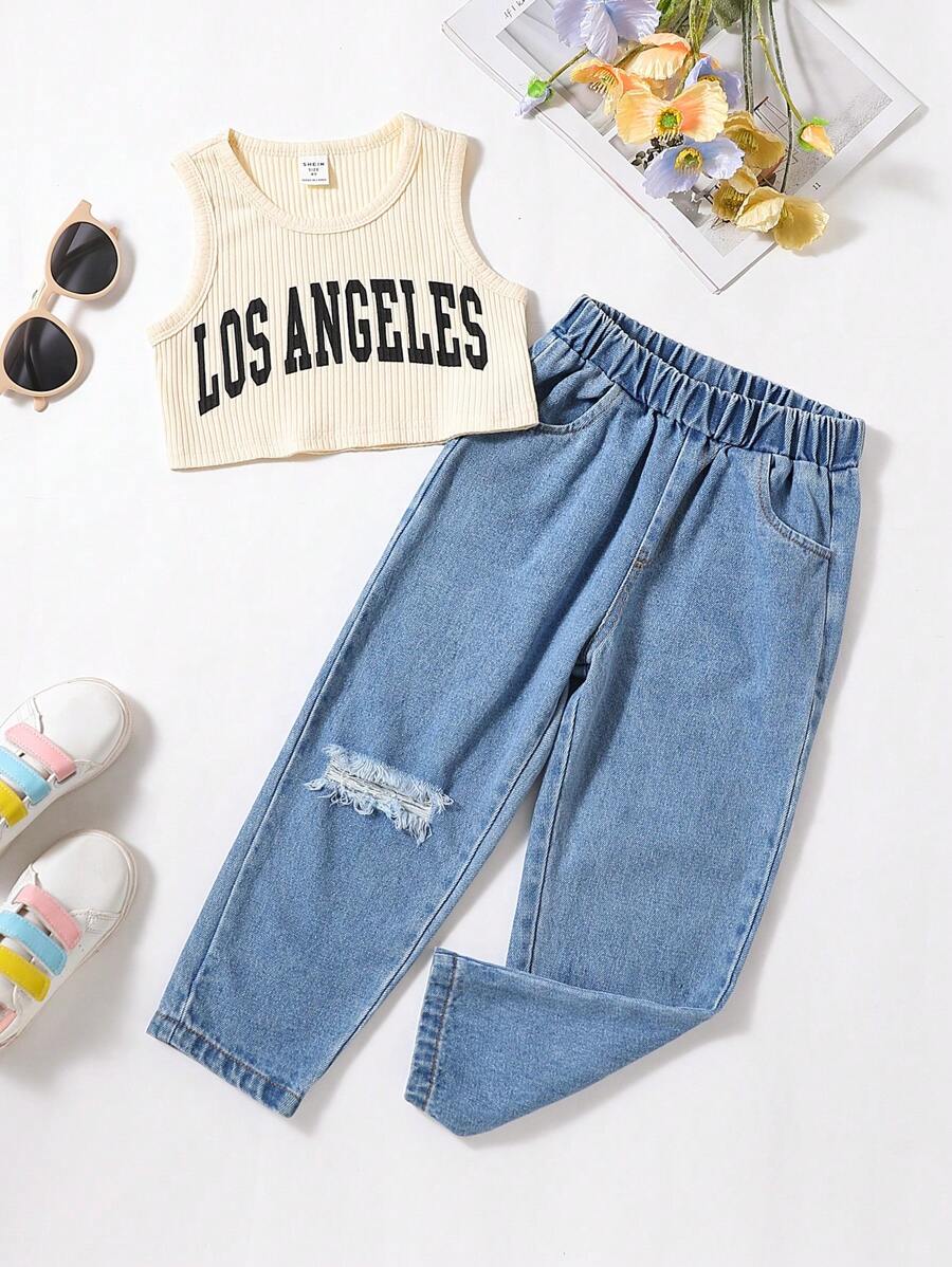 SHEIN 年輕女孩字母圖形背心和破洞牛仔褲 - 彩色 - 查看 1
