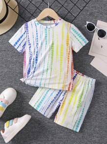 SHEIN 年輕女孩休閒彩虹染色效果緯紋圓領T恤和短褲套裝，適合夏季外出和日常穿著，舒適穿著 - 白色 - 查看 3