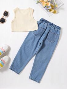 SHEIN 年輕女孩字母圖形背心和破洞牛仔褲 - 彩色 - 查看 2