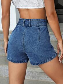 SHEIN ICON 高腰圍裹下擺牛仔裙褲 - 中等水洗藍 - 查看 2