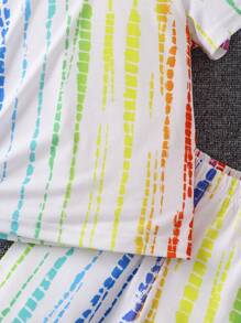 SHEIN 年輕女孩休閒彩虹染色效果緯紋圓領T恤和短褲套裝，適合夏季外出和日常穿著，舒適穿著 - 白色 - 查看 5