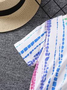 SHEIN 年輕女孩休閒彩虹染色效果緯紋圓領T恤和短褲套裝，適合夏季外出和日常穿著，舒適穿著 - 白色 - 查看 6