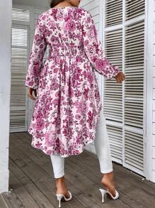SHEIN Clasi 加大花卉印花高低下摆衬衫荷叶边上衣 - 粉色 - 查看 2
