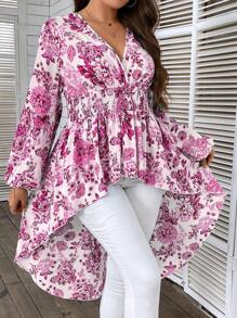 SHEIN Clasi 加大花卉印花高低下摆衬衫荷叶边上衣 - 粉色 - 查看 3