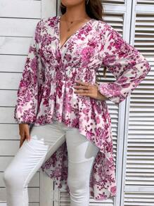 SHEIN Clasi 加大花卉印花高低下摆衬衫荷叶边上衣 - 粉色 - 查看 6