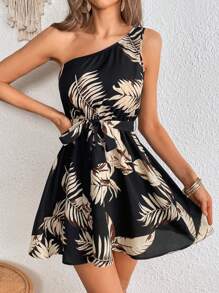 SHEIN VCAY Tropical Print One Shoulder Belted Dress - Multicolor - View 4