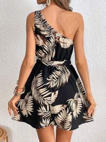 SHEIN VCAY Tropical Print One Shoulder Belted Dress - Multicolor - View 5