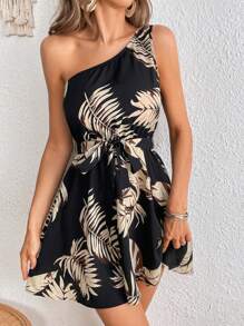 SHEIN VCAY Tropical Print One Shoulder Belted Dress - Multicolor - View 6