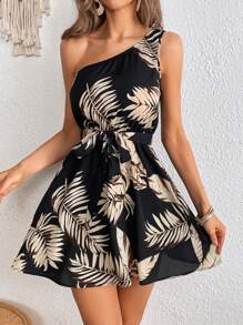 SHEIN VCAY Tropical Print One Shoulder Belted Dress - Multicolor - View 2