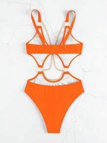 SHEIN Swim Summer Beach Chain Linked Cut Out One Piece Swimsuit Bathing Suit - Orange - View 4