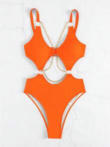 SHEIN Swim Summer Beach Chain Linked Cut Out One Piece Swimsuit Bathing Suit - Orange - View 5