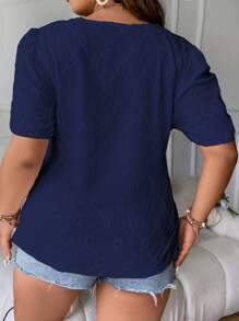 SHEIN LUNE 大碼泡泡袖網眼刺繡T恤 - 寶藍色 - 查看 2