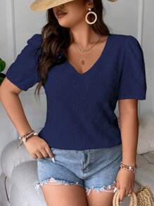 SHEIN LUNE 大碼泡泡袖網眼刺繡T恤 - 寶藍色 - 查看 4