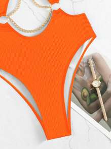 SHEIN Swim Summer Beach Chain Linked Cut Out One Piece Swimsuit Bathing Suit - Orange - View 6
