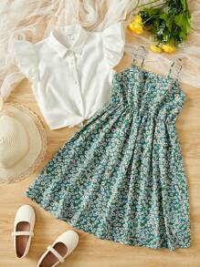 SHEIN Tween Girl Ruffle Trim Shirt & Ditsy Floral Print Cami Dress - Multicolor - View 1