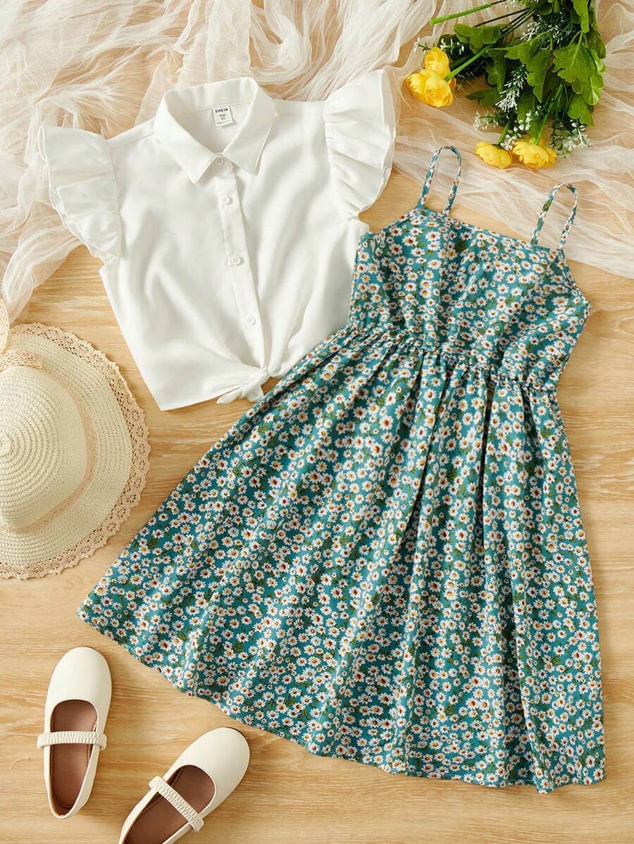 SHEIN Tween Girl Ruffle Trim Shirt & Ditsy Floral Print Cami Dress - Multicolor - View 1