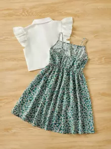 SHEIN Tween Girl Ruffle Trim Shirt & Ditsy Floral Print Cami Dress - Multicolor - View 2