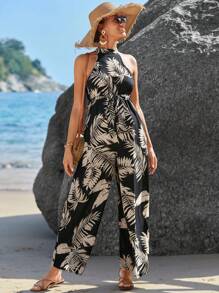 SHEIN Maternity Tropical Print Halter Neck Belted Jumpsuit - Multicolor - View 1
