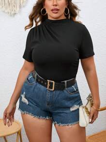 SHEIN Essnce Plus Mock Neck Ruched Tee - Black - View 1