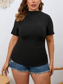 SHEIN Essnce Plus Mock Neck Ruched Tee - Black - View 4