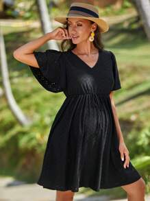 SHEIN 孕婦V領蝴蝶袖網眼刺繡洋裝