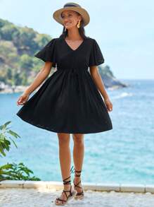 SHEIN 孕婦V領蝴蝶袖網眼刺繡洋裝